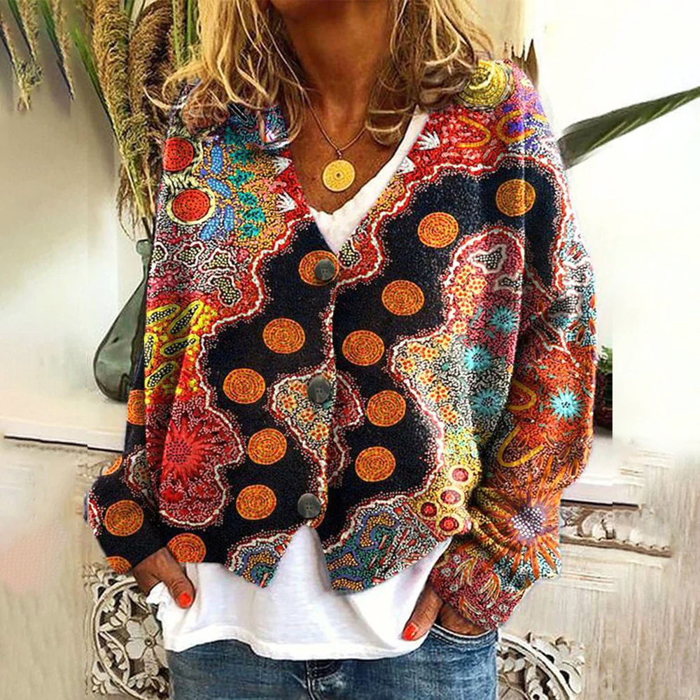 Women's bohemian multicolor knit cardigan soft rayon-elastane blend with vibrant boho-chic open-front design