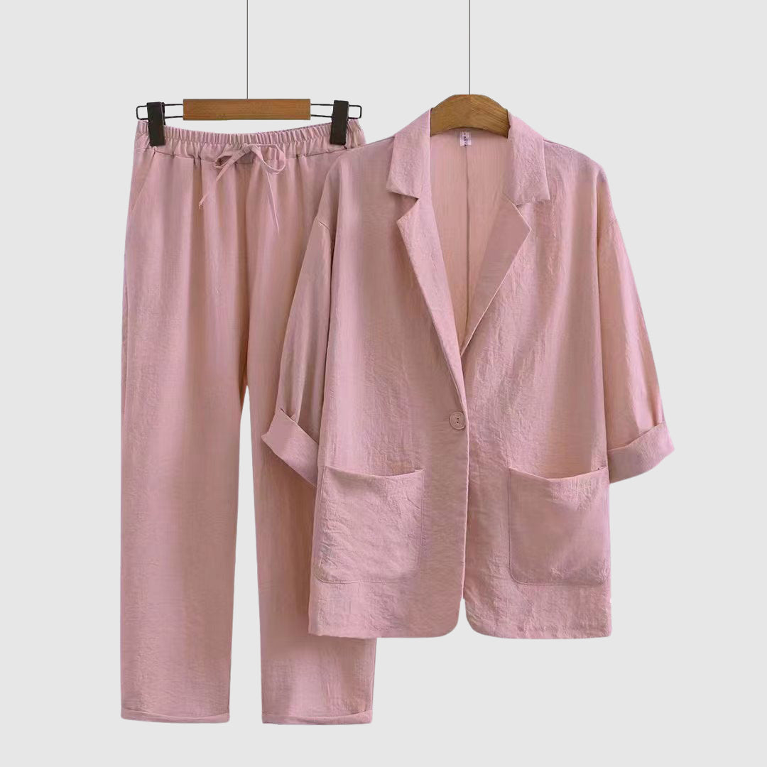 Women's linen blend two-piece set loose fit breathable floral print casual summer coord
