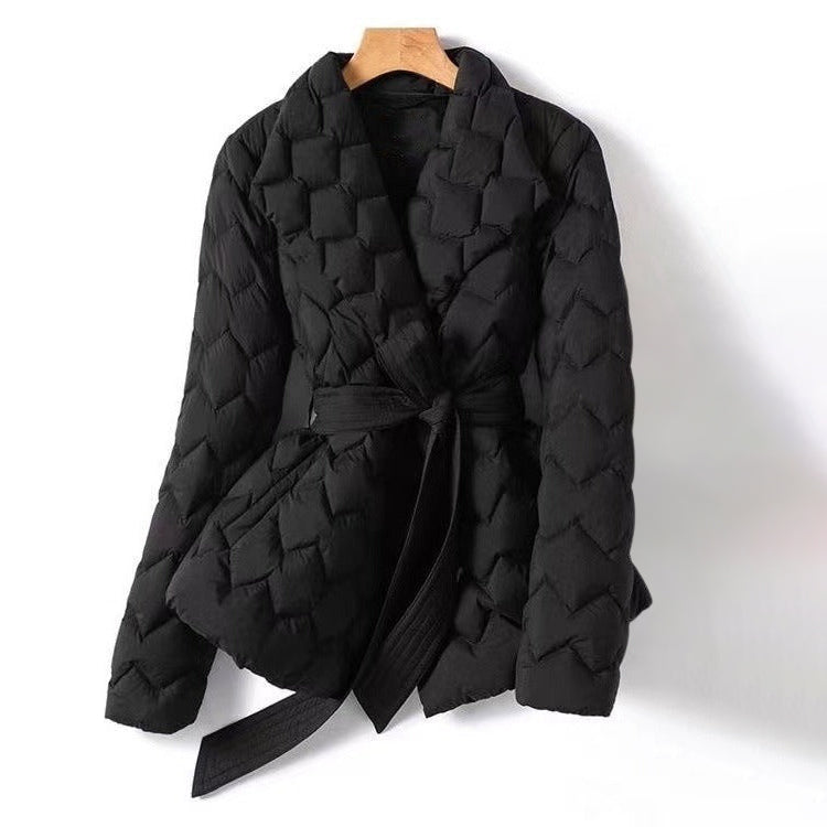 Women's chic down jacket tailored waist geometric pattern refined lapel collar premium fabric