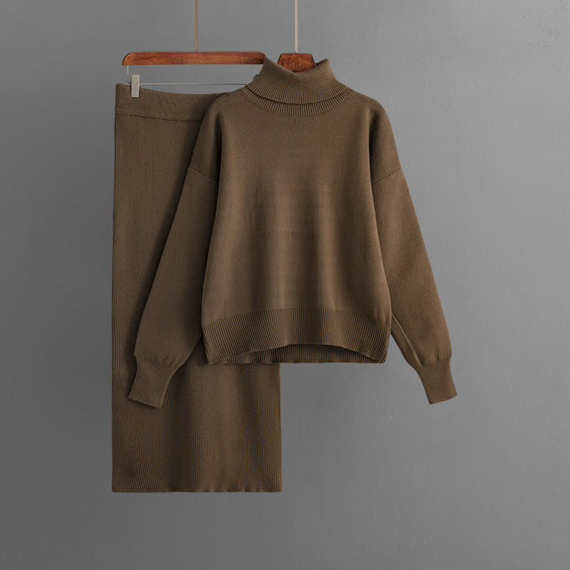 Women's cozy two-piece turtleneck sweater and long elastic waist skirt set in soft core spun yarn