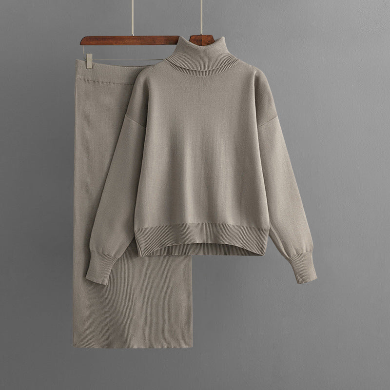 Women's cozy two-piece turtleneck sweater and long elastic waist skirt set in soft core spun yarn