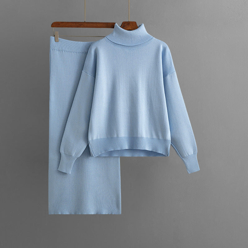 Women's cozy two-piece turtleneck sweater and long elastic waist skirt set in soft core-spun yarn