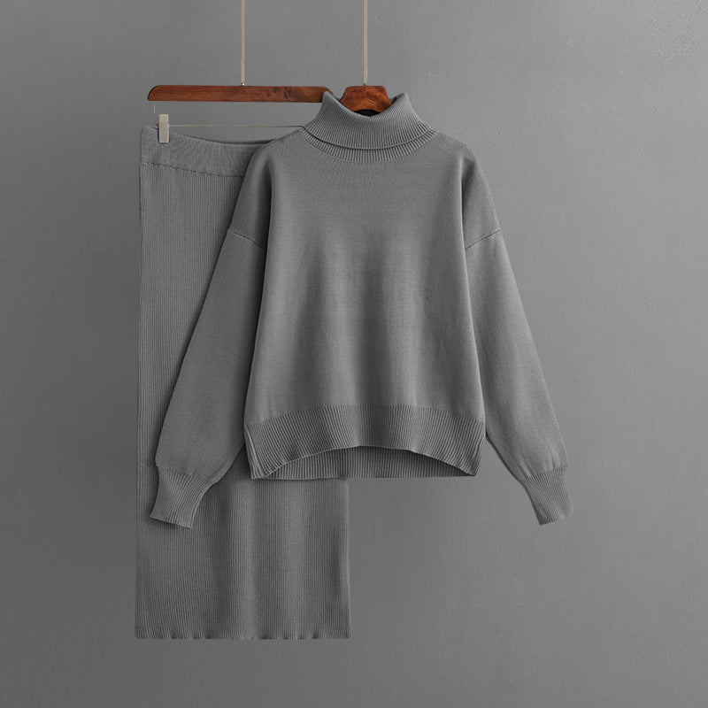 Women's cozy two-piece turtleneck sweater and long elastic waist skirt set in soft core spun yarn