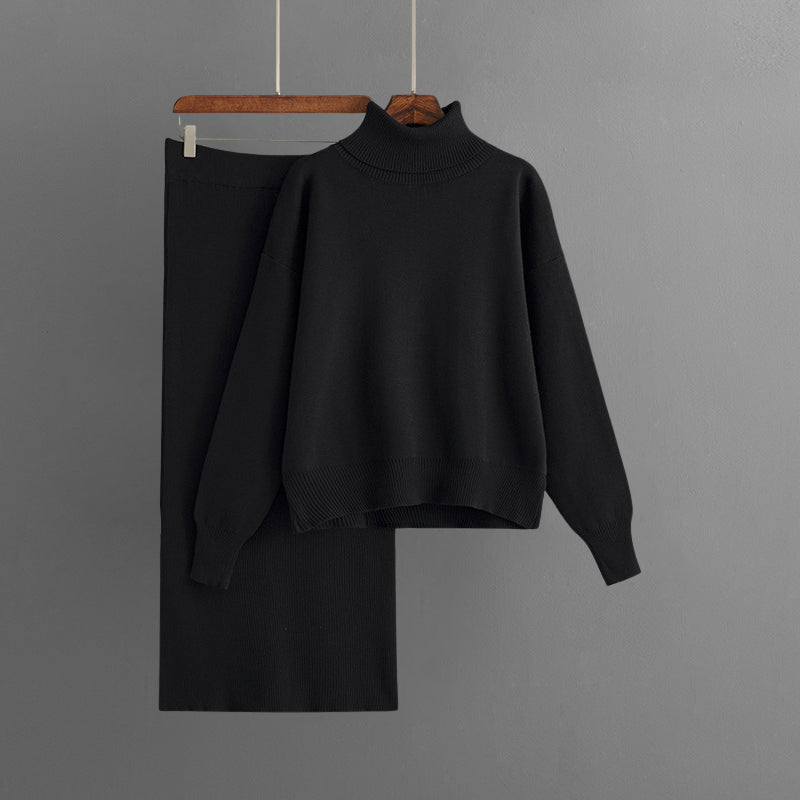 Women's cozy two-piece turtleneck sweater and long elastic waist skirt set in soft core spun yarn