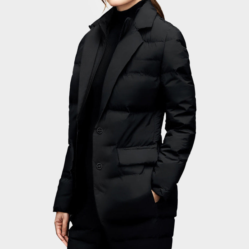 Chloe women's structured black puffer jacket blazer-inspired tailoring quilted panels urban style