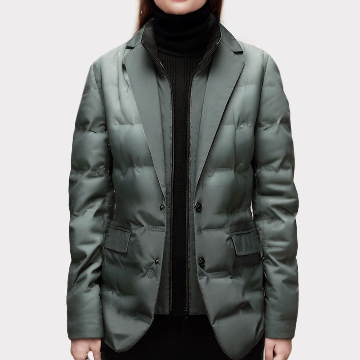 Women's structured puffer jacket blazer-inspired quilted panels slim-fit urban professional winter coat
