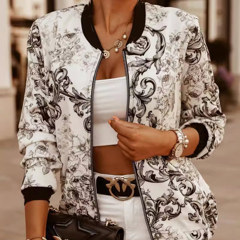 Floral print lightweight women's jacket breezy relaxed fit bold botanical pattern front zipper