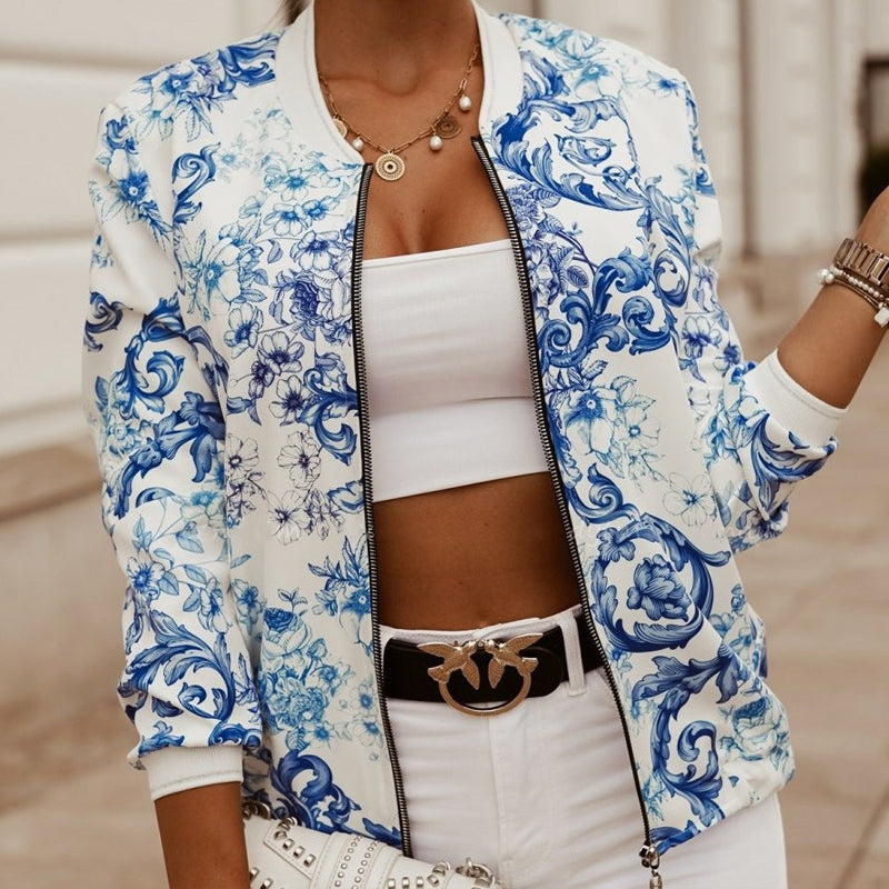 Floral lightweight zip-up jacket bold print breezy relaxed fit polyester-spandex blend for women