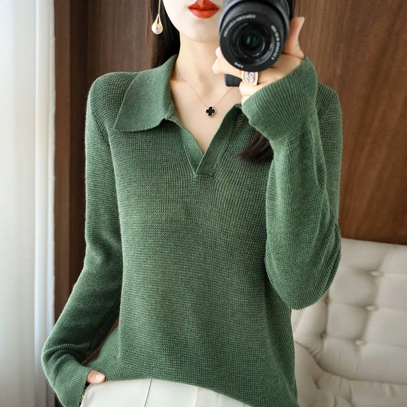 Women's ivory plush knit pullover sweater V-neck refined silhouette wool cotton blend soft texture