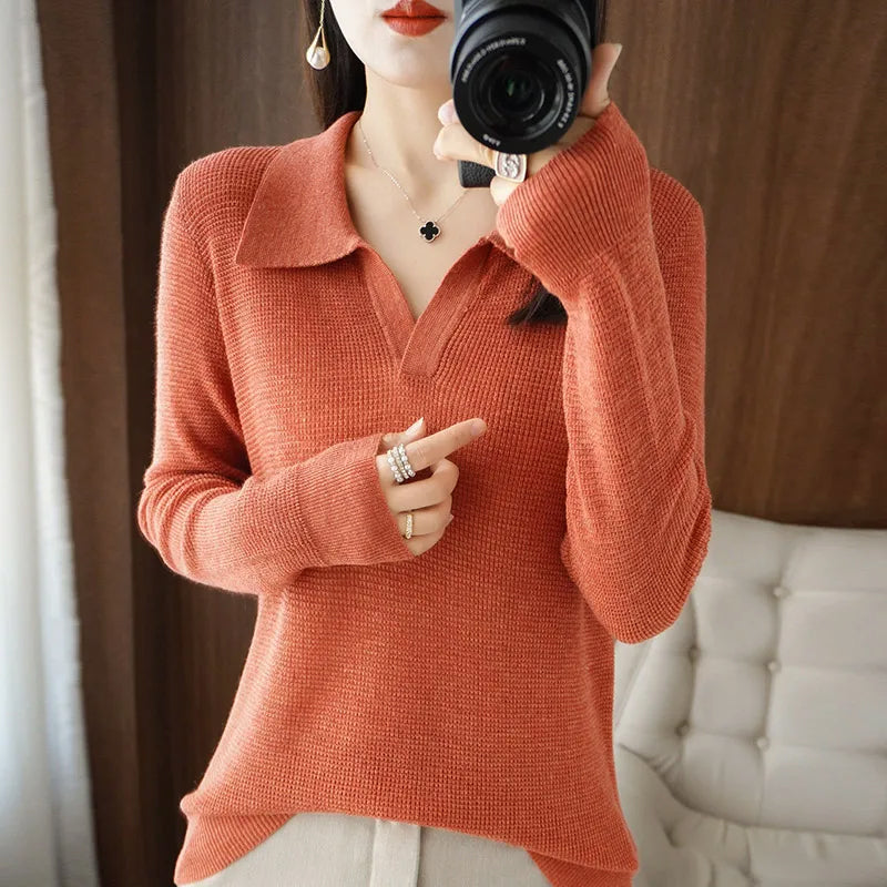 Women's ivory plush knit pullover sweater V-neck refined silhouette wool-cotton blend luxurious soft texture