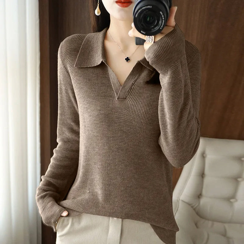 Women's soft plush knit pullover sweater V-neck refined silhouette wool cotton blend luxurious texture