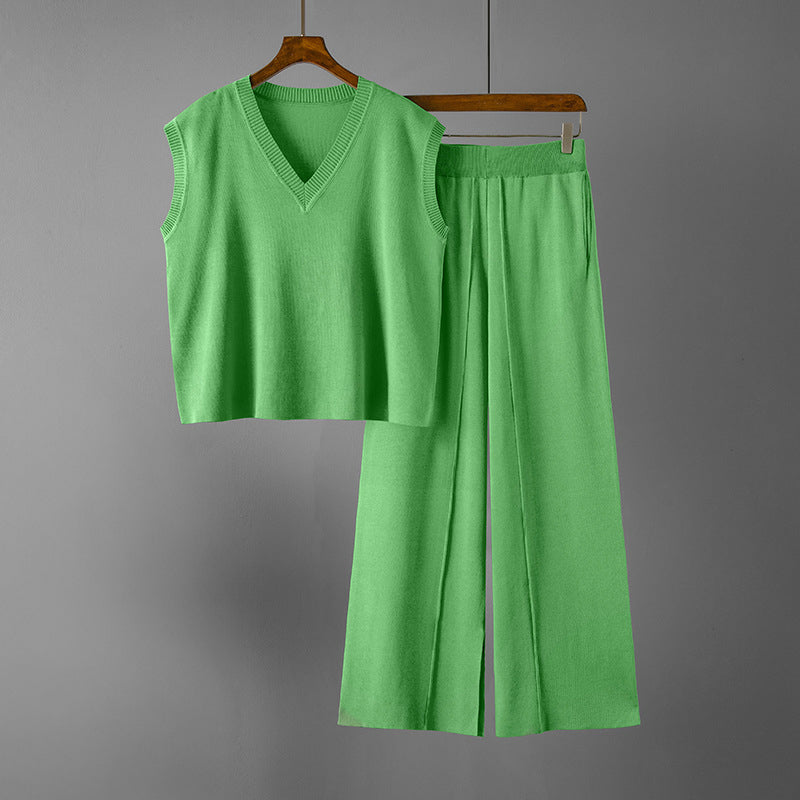 Women's knitted 2-piece set wide-leg pants sleeveless V-neck top viscose blend relaxed elegant style