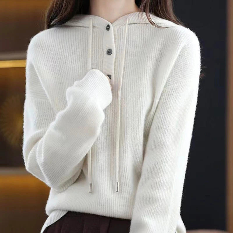 Women's ivory cashmere blend hoodie sweater with drawstring hood and V-neck refined fit