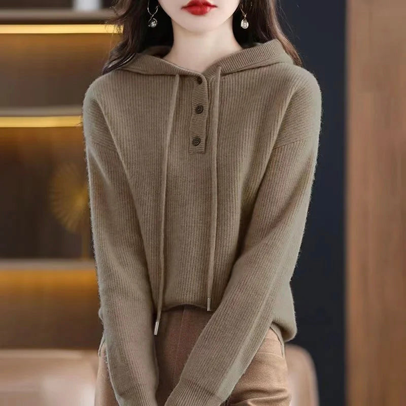 Women's ivory cashmere hoodie sweater with drawstring hood, V-neck, and luxurious soft knit finish