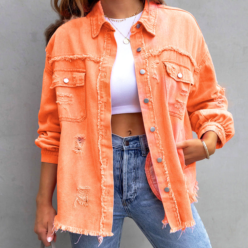 Women's bold floral ripped jacket multicolor cotton-poly blend fold-down collar button closure