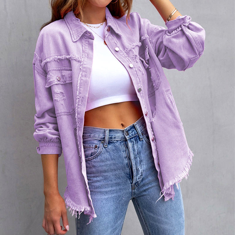 Women's floral blossom jacket bold ripped design fold-down collar eye-catching multicolor cotton blend