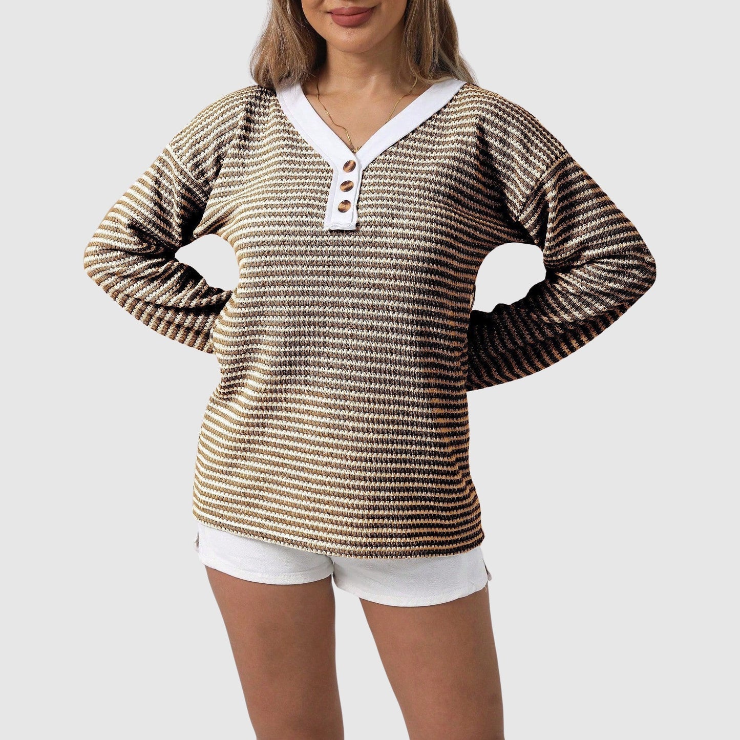 Women's cozy V-neck color-block knit sweater with button detailing, autumn style