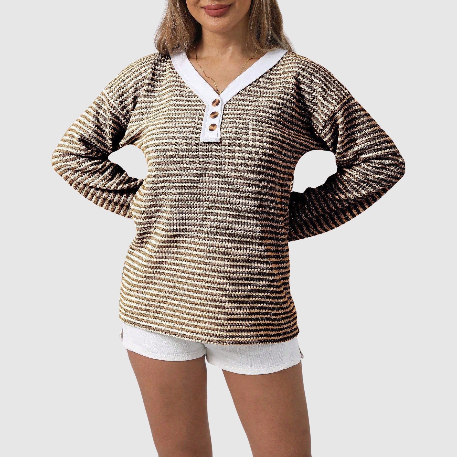 Women's cozy V-neck color-block knit sweater with button detailing, autumn style