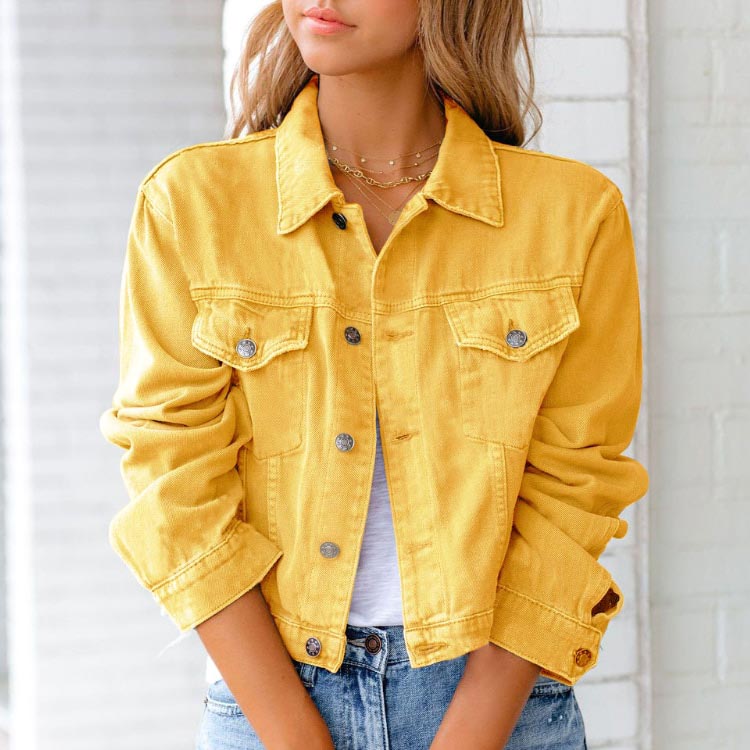 Women's blue denim jacket turn-down collar cotton blend streetwear floral Petals design