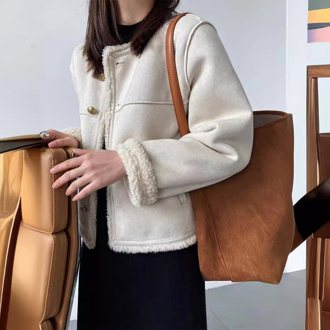 Women's boxy suede jacket with sherpa lining, metal button front, relaxed fit for cold weather