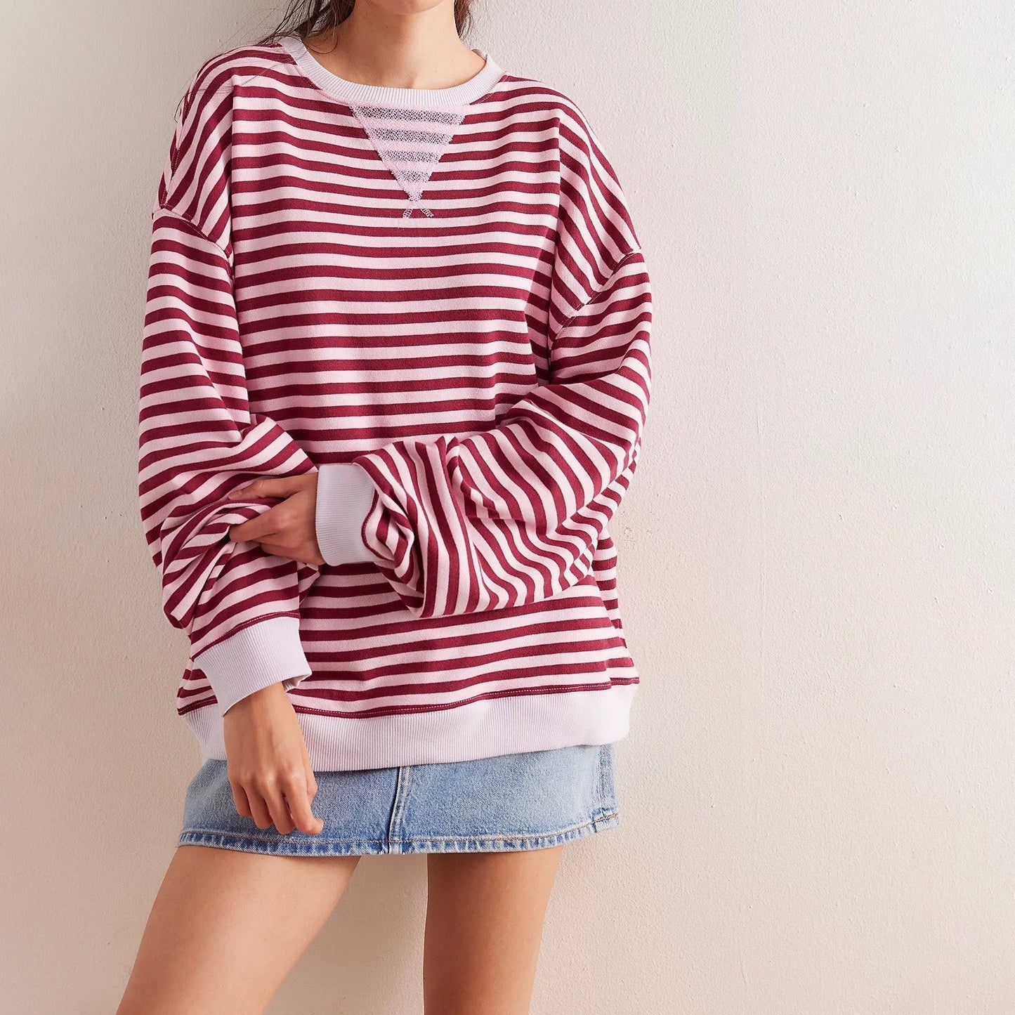 Women's oversized ribbed striped tunic sweatshirt relaxed fit cozy chic everyday comfort layer