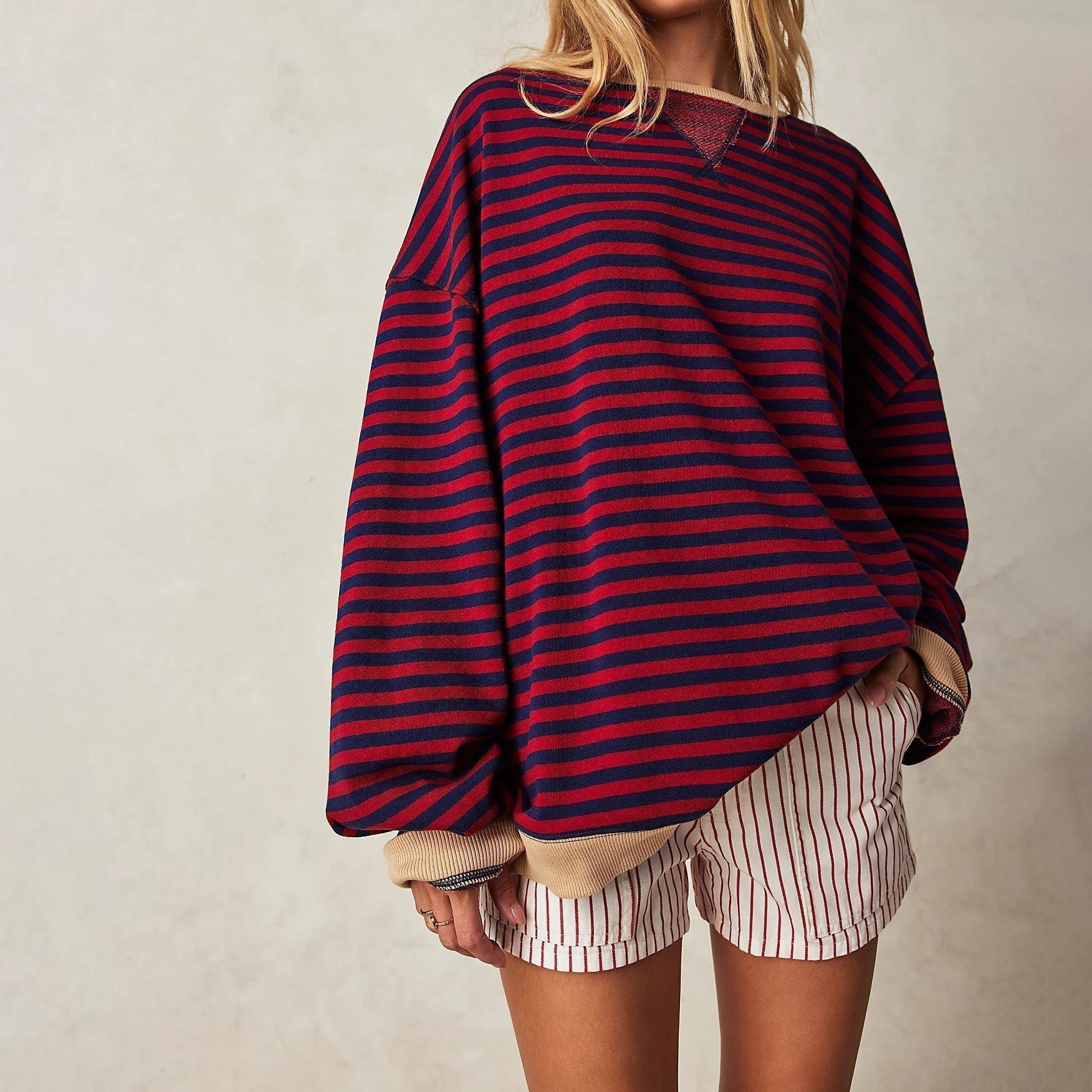 Women's oversized ribbed striped tunic sweatshirt relaxed fit cozy chic everyday comfort layer