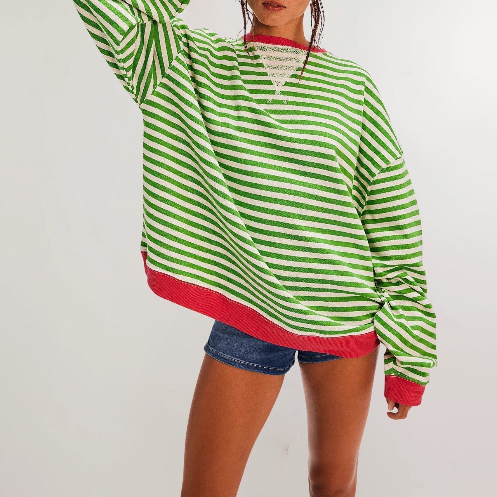 Women's oversized ribbed striped tunic sweatshirt in neutral tones, relaxed fit with textured fabric