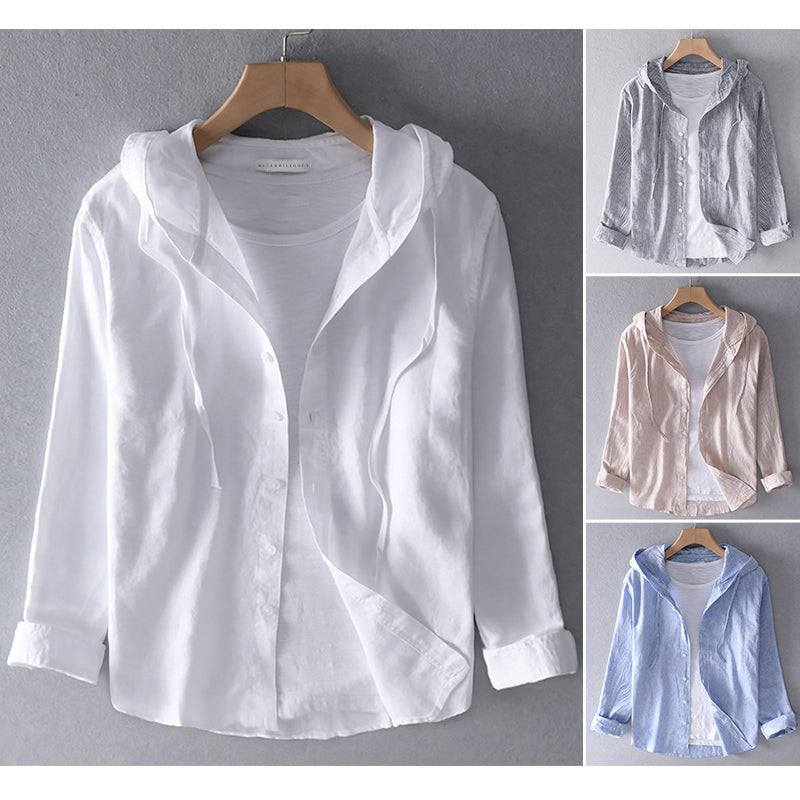 Unisex linen blend hooded shirt breathable lightweight cotton casual warm-weather layering style