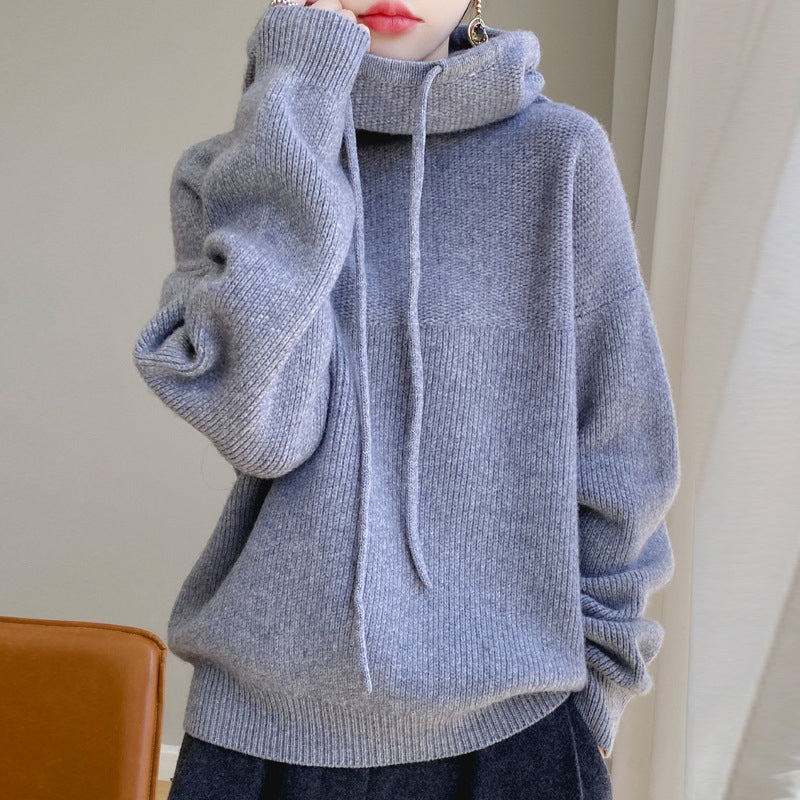 Women's hooded wool knit sweater relaxed silhouette ultra-soft luxury plush fabric
