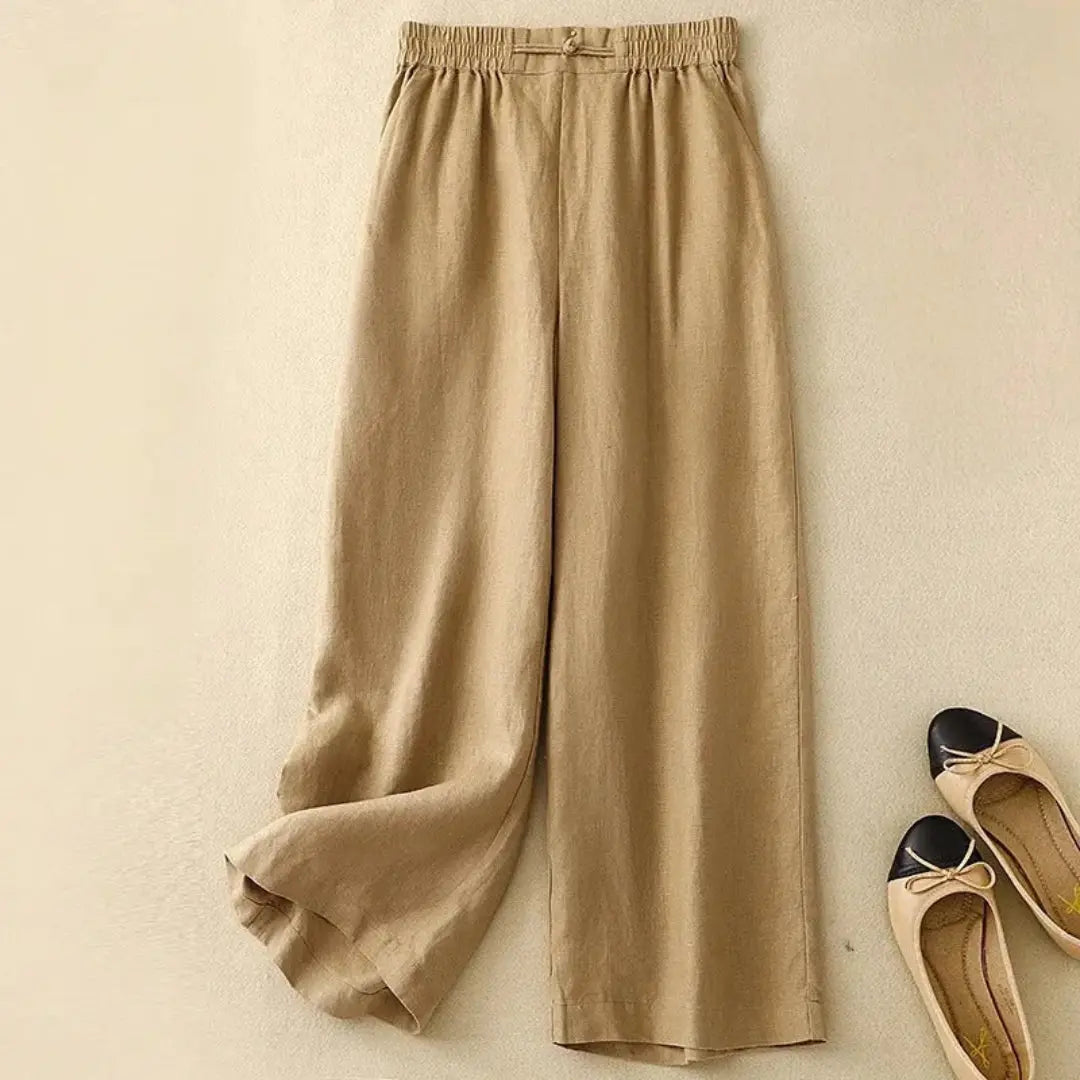 Women's wide-leg linen-blend trousers elastic waistband relaxed fit breathable warm-weather pants