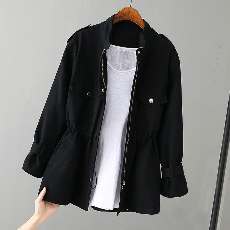 Audrey women's utility jacket in neutral tone, chic slim fit with sleek front zipper closure