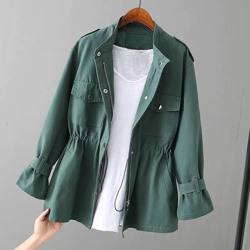 Audrey women's olive utility jacket with zipper, chic minimalist cut for everyday wear