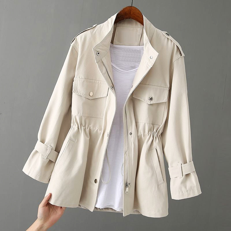 Audrey women's olive utility jacket with zipper, chic minimalist silhouette for everyday wear