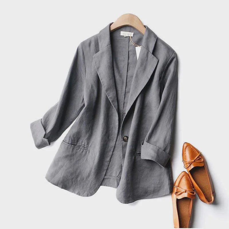 Women's beige linen relaxed blazer lightweight breathable everyday officewear sophisticated silhouette
