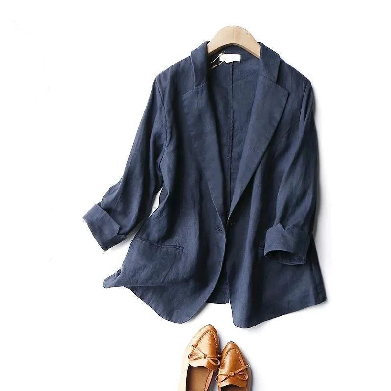Women's relaxed linen blend blazer, breathable lightweight casual officewear with fluid contemporary silhouette