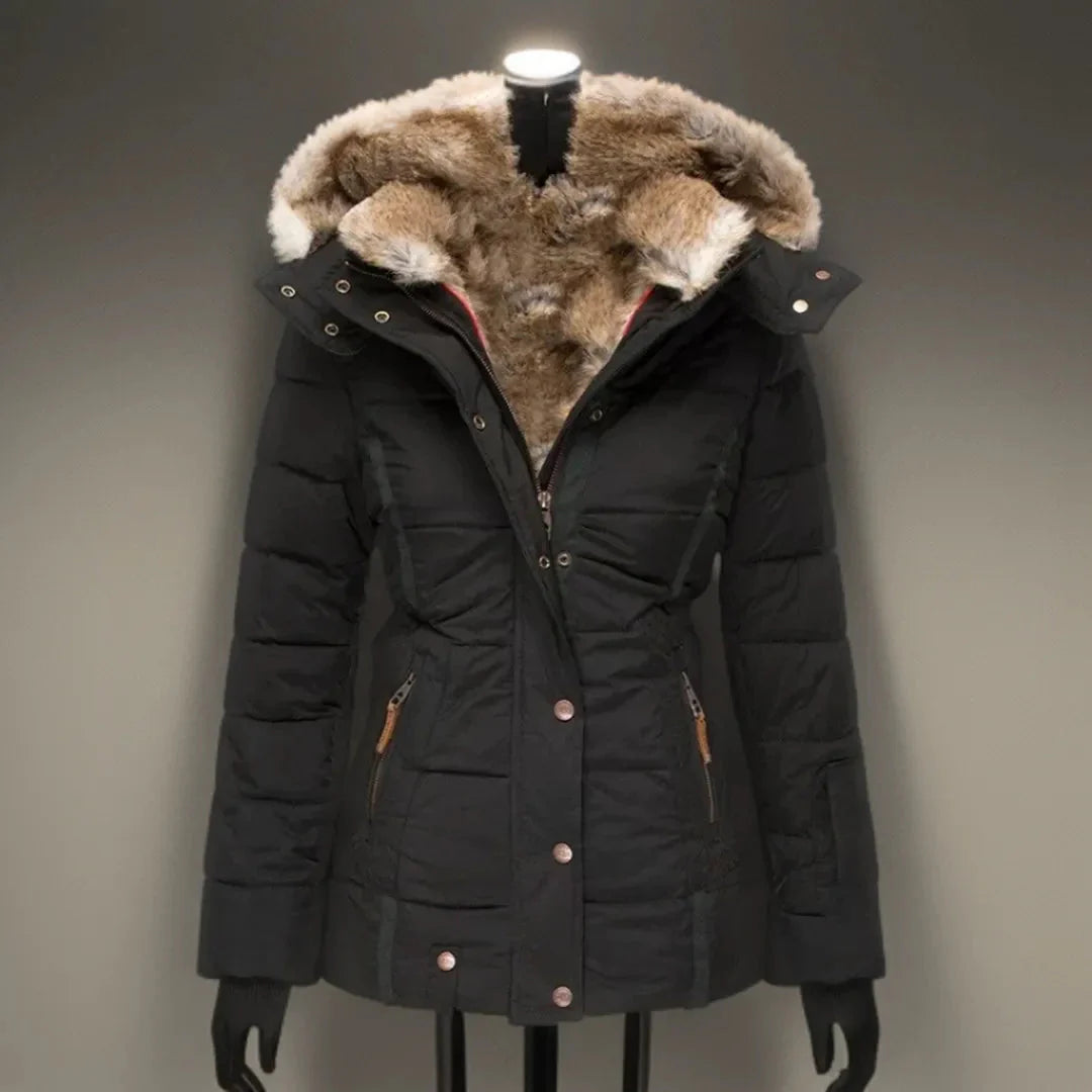 Women's black faux fur hooded puffer jacket with plush lining and detachable fur-trimmed hood