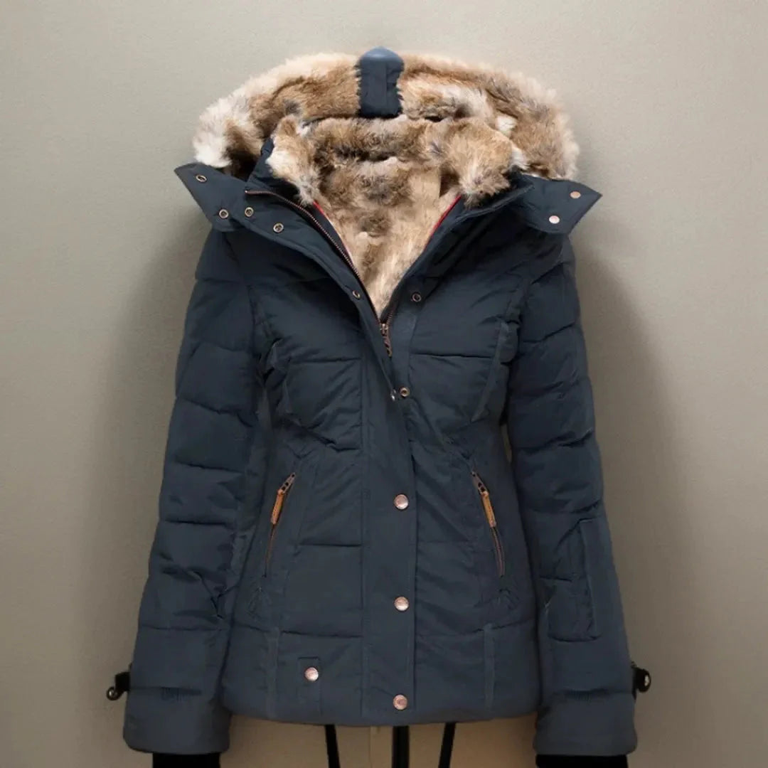 Women's black faux fur hooded puffer jacket with plush lining and detachable fur-trimmed hood