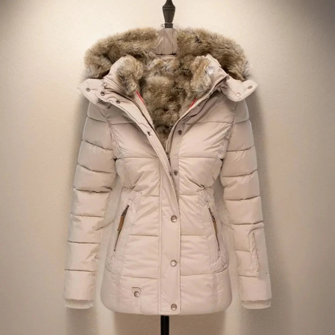 Women's black faux fur hooded puffer jacket with plush lining and detachable hood