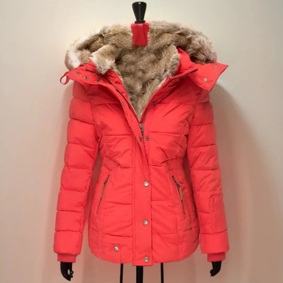 Women's black faux fur hooded puffer jacket with plush fur lining and detachable hood
