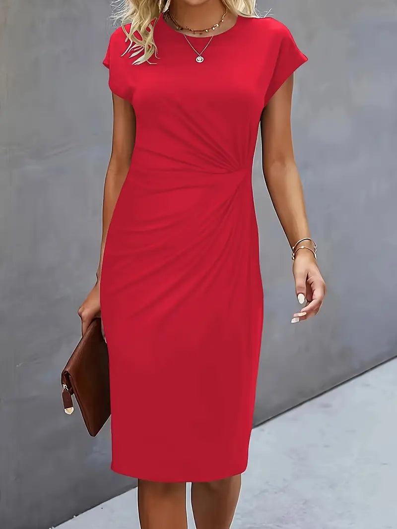 Women's elegant midi dress slim fit baseball collar lightweight chic silhouette day to night