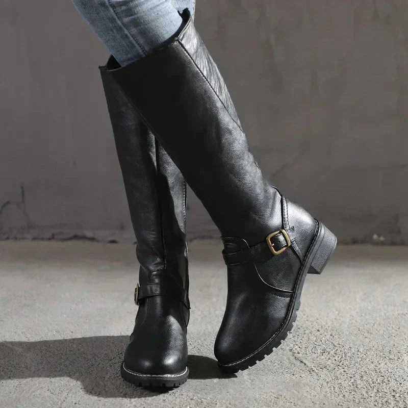 Women's knee-high faux leather buckle boots low block heel sleek silhouette everyday style