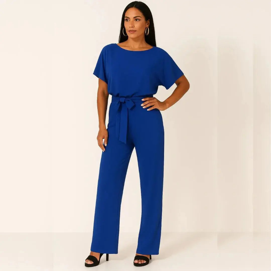 Elle wide leg jumpsuit women belted cinched waist soft breathable fabric effortless elegant one-piece