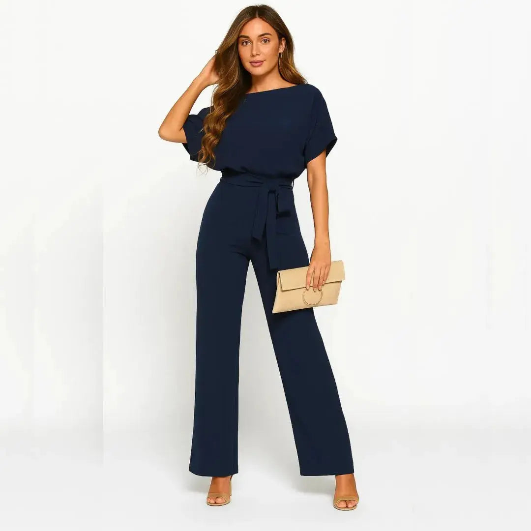 Elle belted wide leg jumpsuit women cinched waist self-tie belt soft breathable fabric elegant fit