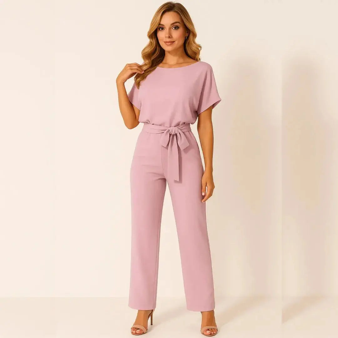 Elle belted wide leg jumpsuit women cinched waist self-tie belt soft breathable fabric elegant
