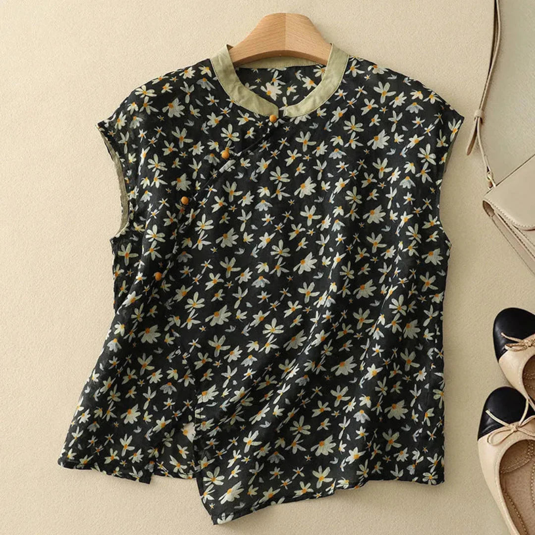 Women's linen cap sleeve top with hand-painted florals, mandarin collar, lightweight breathable fabric