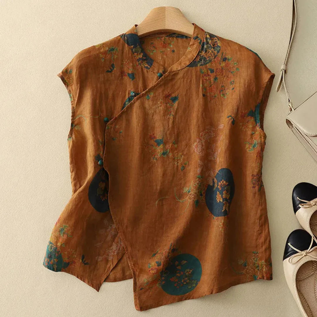 Women's linen cap-sleeve top with hand-painted florals, mandarin collar, lightweight breathable fabric