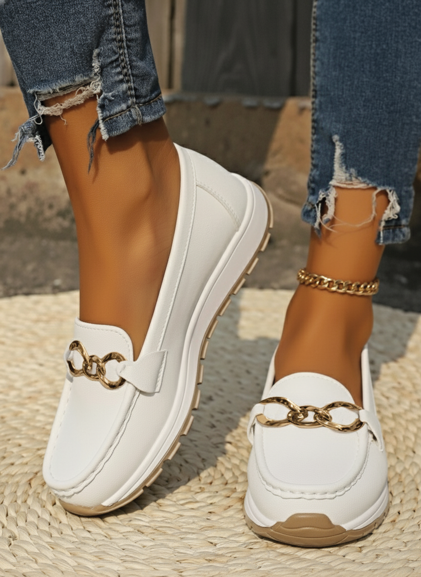 Women's flat buckle loafers structured silhouette vegan leather slip-on with breathable comfort sole