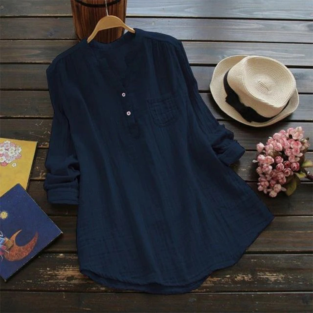Women's lightweight cotton relaxed fit shirt with mandarin collar and long sleeves for everyday wear