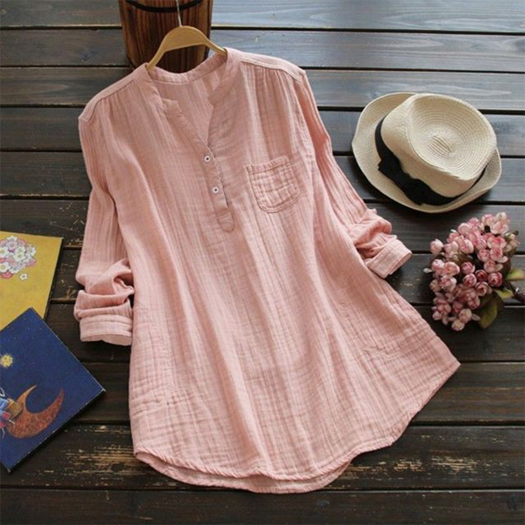 Women's lightweight cotton relaxed fit shirt with mandarin collar and long sleeves for everyday wear