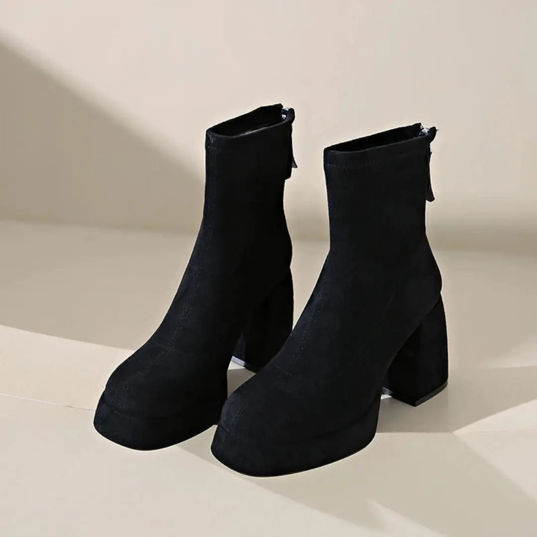 Women's faux suede block heel zip-up ankle boots in neutral tone with plush soft upper